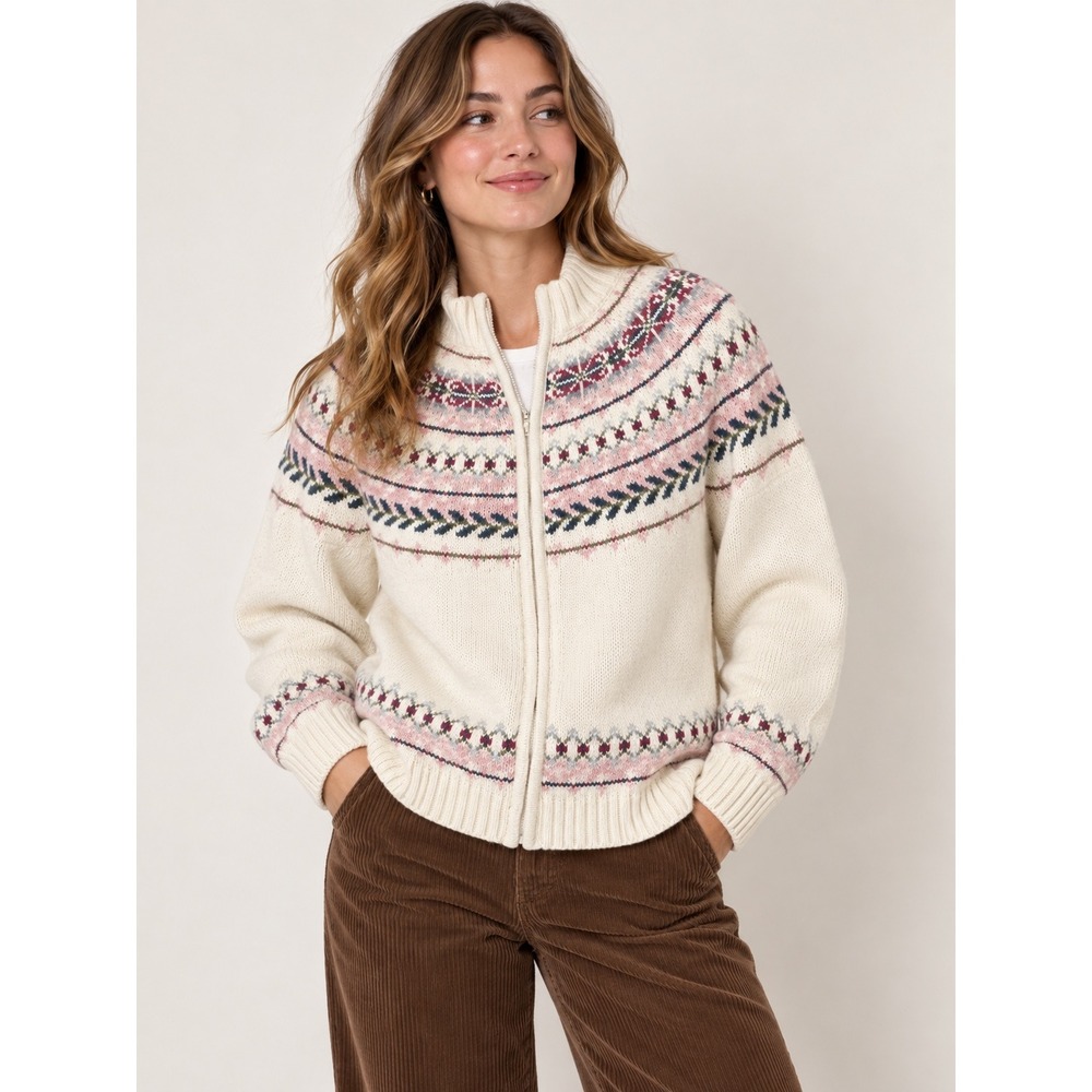 Vintage 2003 Tiara Fair Isle Cardigan Sweater L Pink Cream Full Zip Y2K Nordic